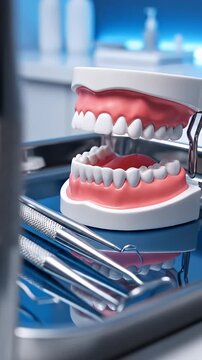 Dental Model with Tools - A close-up shows a dental model set up with an array of metal dental tools, providing a clean and sterile visual.