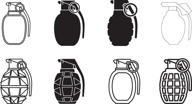 Various designs of grenades and handheld explosive devices in silhouette form