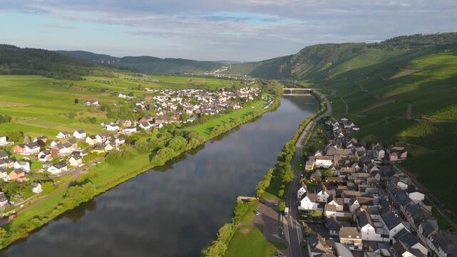 Kinheim Kroev village, Moselle river, Bernkastel district, aerial view, Mosel valley landscape, vineyards mountain, Rhineland Palatinate, Germany