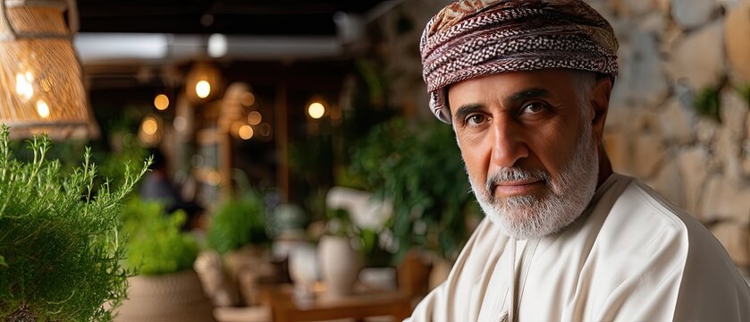 Portrait of an Omani man in a lush interior setting wearing traditional attire with blurred figures in the background taken with a Canon EOS R5 camera
