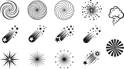 Abstract swirl, starburst and shooting stars silhouette set, dynamic motion effects collection, radial shapes, sparkle elements, decorative design graphics isolated on white background © Mahadi's World