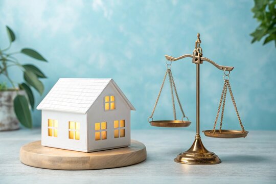 Miniature house with golden balance scale symbolizes legal property rights, fair real estate transactions, housing security, and investment guidance. Legal advice ensures safe and equitable homeowners