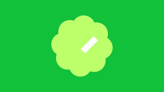 Animated green graphic motion overlay showing a brightly colored lime verification badge icon appearing and disappearing within a dark green background digital video footage concept