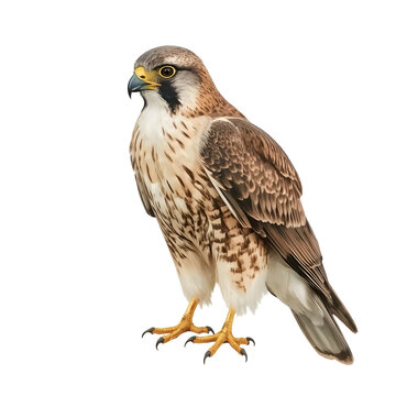 American kestrel stands on the ground looking alert against white background