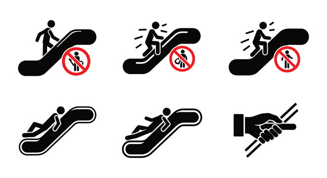 Prohibition signs depicting unsafe escalator and pedestrian behaviors