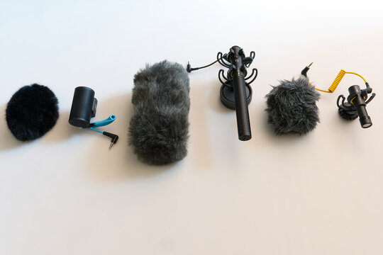 Three microphones with windshields for film camera from left to right Sennheiser MKE 200, Deity V-Mic D3 Pro and Deity V-Mic D4 mini. Photo taken March 18th, 2026, Zurich, Switzerland.