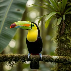 Fototapeta premium Vibrant toucan perched on mossy branch in tropical rainforest habitat