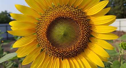 Obraz premium Large bright yellow sunflower with dark brown center