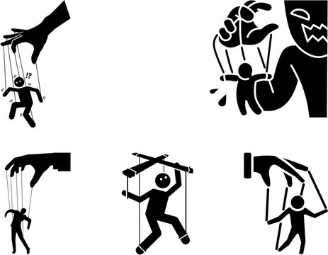 Six black and white stick figure illustrations depicting the concept of manipulation and control through puppets and strings.