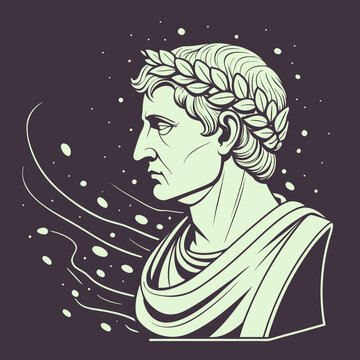 Ancient roman bust portrait of emperor augustus with laurel wreath and abstract swirling background, minimalist vector illustration, ancient rome