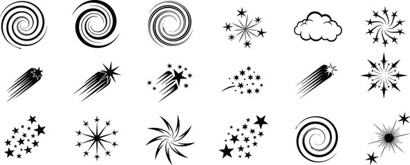 Sparkle, swirl and shooting star silhouette collection isolated on white background, abstract light effects set, decorative design elements, magic stars, vector illustration bundle © Mahadi's World