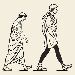 Obraz premium Two roman style figures walking in silhouette with minimalist background with line art