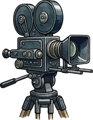Fototapeta premium Vintage Steampunk Movie Camera on Tripod with Reels and Lens Illustration Vector Art Isolated on White Background