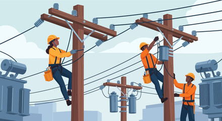 Naklejka premium Utility workers installing and maintaining electrical power lines and transformers on poles.