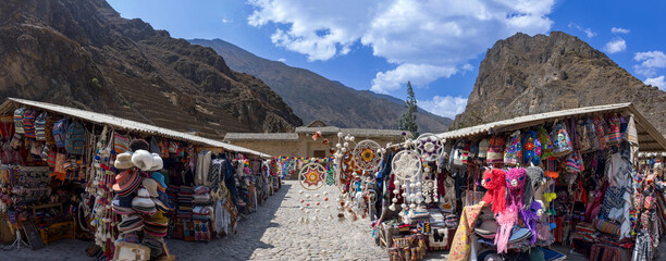 Sacred Valley, Peru, Cusco, Ollantaytambo Inca archaeological site and an indigenous town with original native population and artisan market