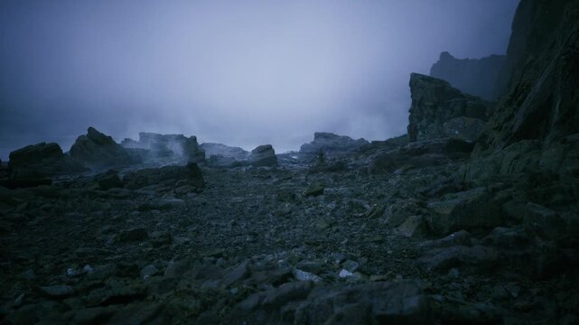 twilight ridge with scattered boulders and distant peaks, stiff breeze carrying cold mist, jagged path through scree, ideal backdrop for endurance and outdoor