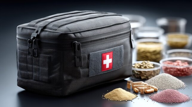Military first aid kit on black background showcasing red cross patch and army camouflage design with surrounding medical supplies and tools