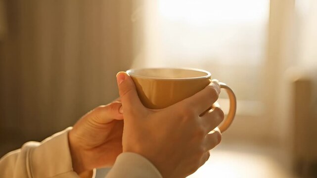 Hands holding a warm beverage cup with steam rising in soft sunlight