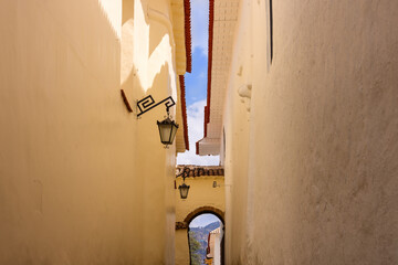 Peru, Cusco, historic colorful colonial buildings and architecture of San Blas district of artisans