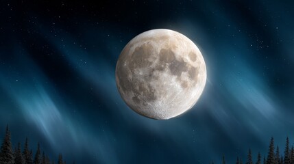 Fototapeta premium Lunar orb dominates dark sky, glowing softly above forest silhouette. Aurora borealis swirls in vibrant blue-green hues around the moon. Trees stand still, dark and sharp against the glowing heavens