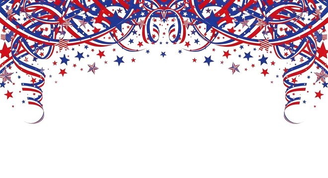 Vibrant patriotic red, white, and blue streamers and stars border design, perfect for Fourth of July celebrations, American holidays, and festive event backgrounds with copy space