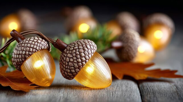 Warm, glowing acorn lights dangle on rustic wood. Soft bokeh lights add cozy ambiance. Autumn leaves and pine needles surround the string. Perfect for festive or seasonal decor