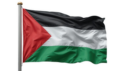Obraz premium The Palestinian flag waving on a flagpole against a black background on transparent background
