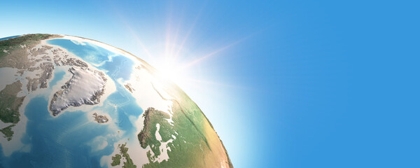Naklejka premium Sunrise on detailed satellite cartography of Earth globe from space, Greenland and Arctic Ocean, blue banner