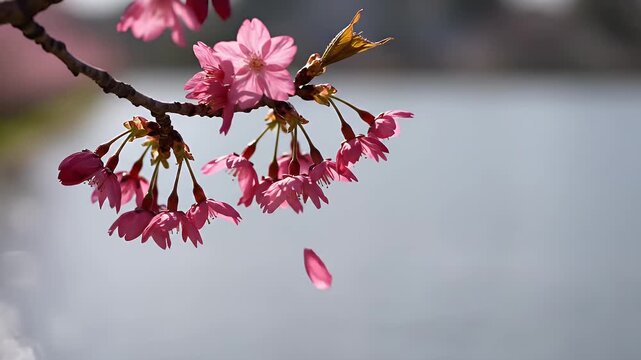 A single pink cherry blossom flower falls from a tree branch in delicate slow motion