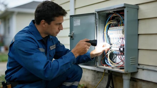 Technician examining exterior demarcation box on singlestory home with blurred background focusing on detailed wiring and connections during residential outage troubleshooting.