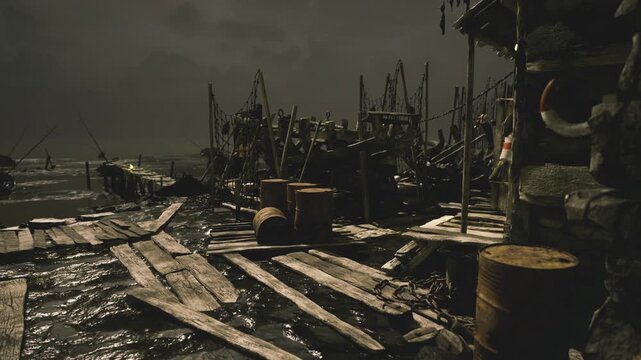 Wet muddy fishing pier at dawn, stacked crates and oil barrels scattered across rough planks, reflective puddles catching pale sky, distant mast silhouettes,