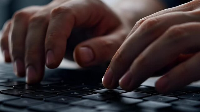 Hands typing on keyboard focused close up technology productivity concept