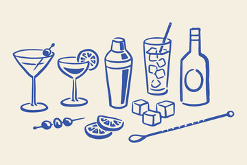 Fototapeta premium Cocktail elements set outline sketch vector illustration