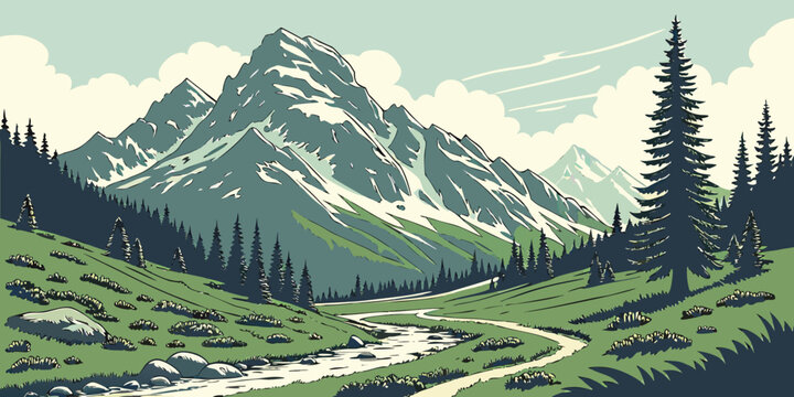 Majestic mountain range with a serene lake and lush greenery in the foreground