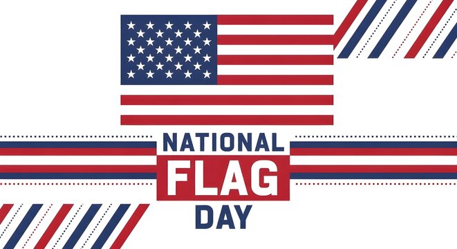 National Flag Day banner with American flag and patriotic red, white, and blue stripes on a clean white background, perfect for USA holiday celebrations and promotions.