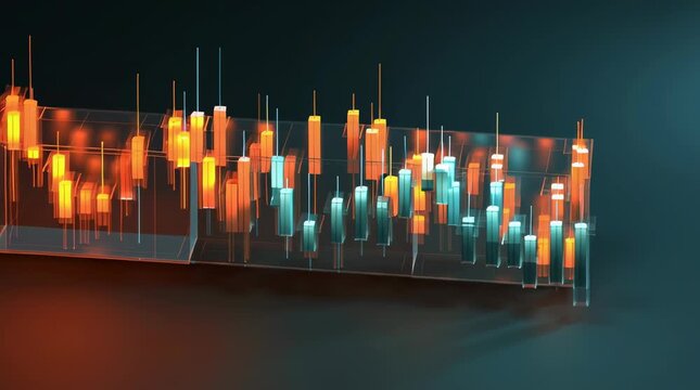 3D rendering of transparent candlestick chart, gradient translucent glass melt, orange-blue gradient background, right side view isometric of full model, white background 8k, HD,