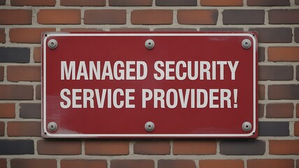 Naklejka premium Red metal security sign on brick wall, managed security service provider