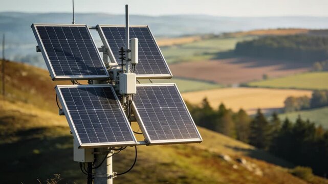 Focused solarpowered ISP repeater featuring clean energy modules on a remote hillside with softly blurred mixed farmland and woodland.