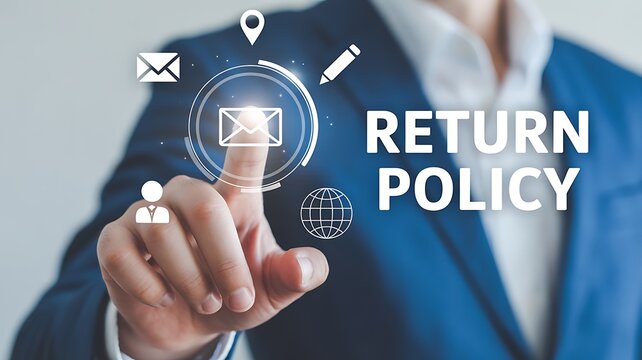 Businessman interacting with return policy icons on digital interface