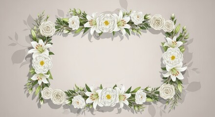 Fototapeta premium Elegant floral border design with white roses and lilies on a light background