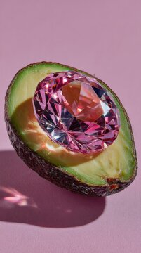 Avocado with large pink gem placed on pink background