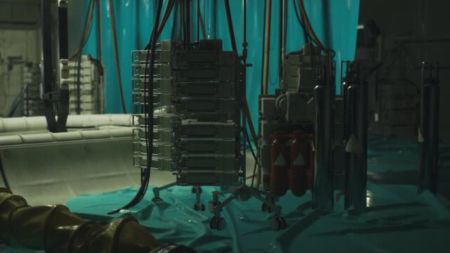 Closeup view of stacked modules and hose connections, metal brackets and bolts in foreground textured tarpaulin folds, clamps and connectors emphasized, gritty