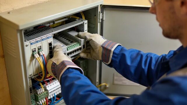 Maintenance worker replacing amplifier modules in a neighborhood distribution box camera focused on device with surrounding area softly out of focus.