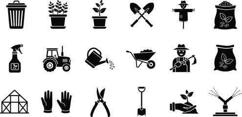 Gardening and farming icons set, agriculture tools, plants, greenhouse, tractor, watering and planting equipment, rural work symbols, eco farming illustration for organic agriculture concepts © MstSanoara