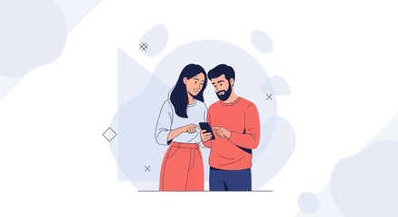 Obraz premium Couple Looking at Smartphone Screen Together, Modern Flat Illustration Style