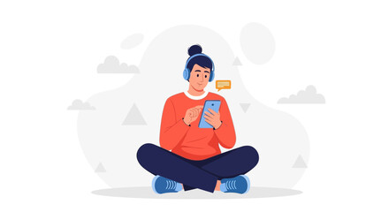 Obraz premium Person with headphones using smartphone, listening to music, chatting, flat design illustration
