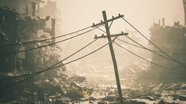 Leaning power pole over rubble mist, urban scout scanning for salvage amid silent ruined avenue hazy sunlight filters through broken wires and toppled concrete,