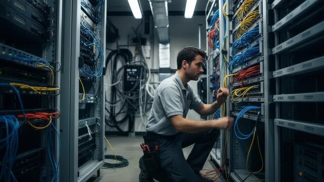 Medium shot of a technician configuring patch panels in a small business telecom equipment room with racks sharply focused against a blurred background.