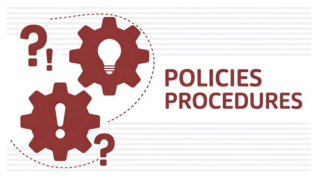Policies and procedures concept with gears, light bulb and question marks