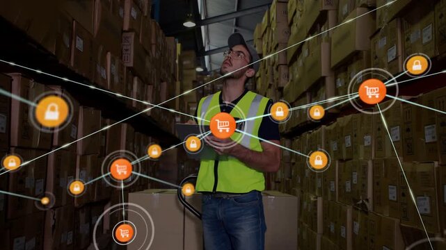 Worker tapping tablet, AR carts and locks linking into aisle network, scanning, securing stock